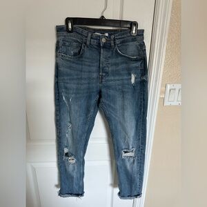 Zara Distressed Cropped Button Fly Jeans Medium Wash Size 31